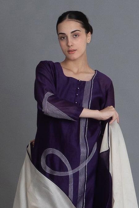 Buy_Khat_Purple Chanderi Silk Embroidery Round Neck Kurta Pant Set _Online_at_Aza_Fashions