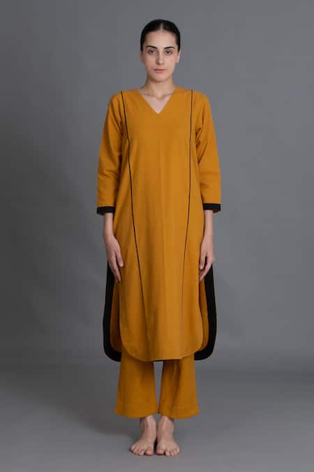 Buy_Khat_Yellow Tencel, Cotton Piping V-neck Mustered Kurta And Pant Set _Online_at_Aza_Fashions