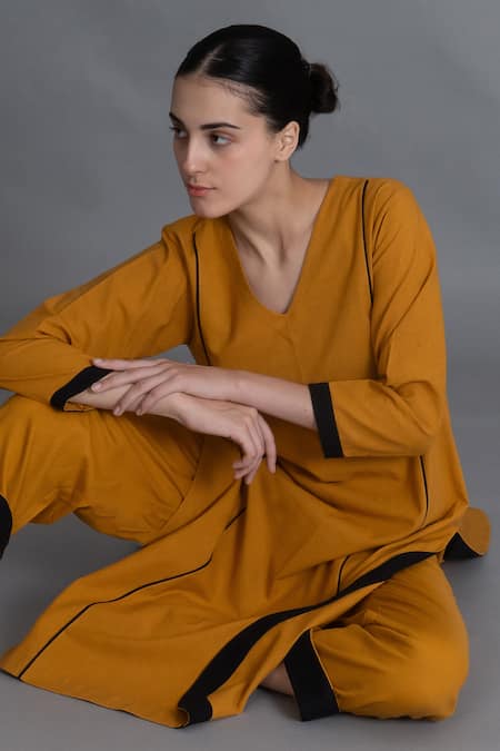 Shop_Khat_Yellow Tencel, Cotton Piping V-neck Mustered Kurta And Pant Set _Online_at_Aza_Fashions