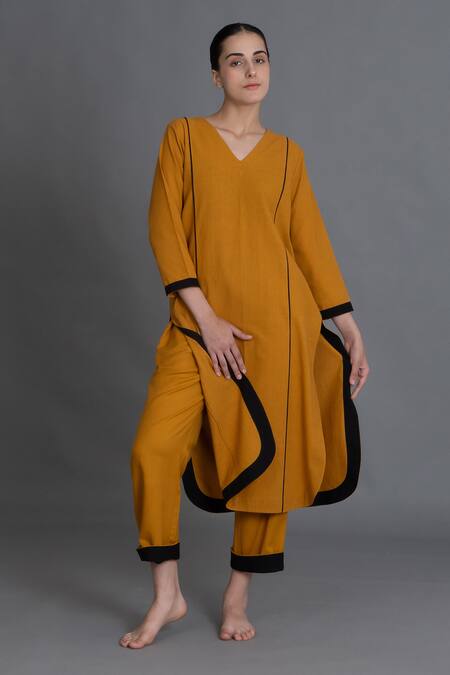 Khat_Yellow Tencel, Cotton Piping V-neck Mustered Kurta And Pant Set _at_Aza_Fashions