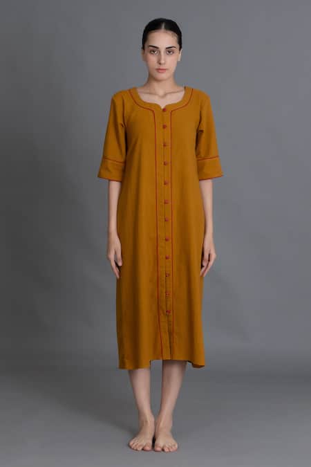 Buy_Khat_Mustard Cotton Piping Round Neck Mustered Kurta _Online_at_Aza_Fashions