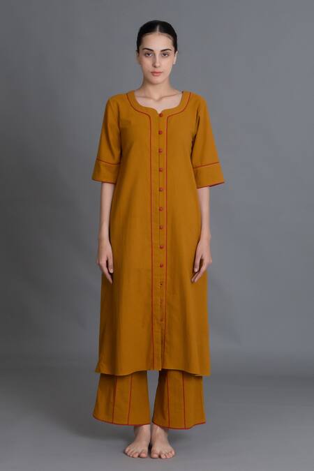 Shop_Khat_Mustard Cotton Round Neck Kurta And Pant Set _Online_at_Aza_Fashions