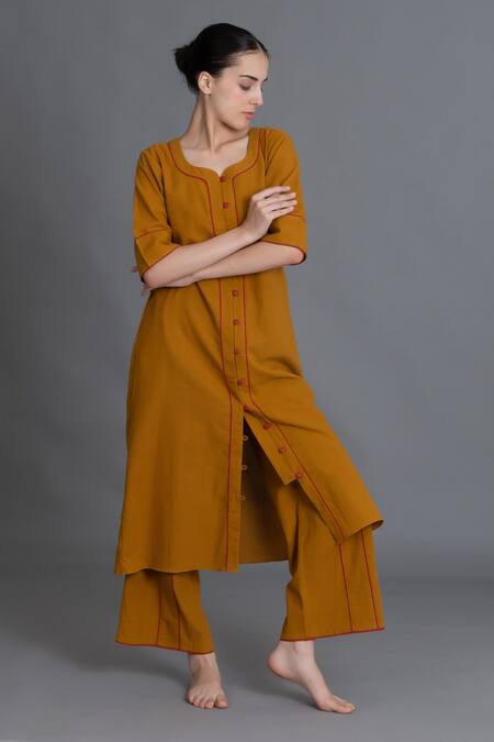 Khat_Mustard Cotton Round Neck Kurta And Pant Set _at_Aza_Fashions