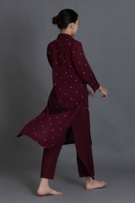 Khat_Wine Handloom Cotton Collared Burgundy Dot Print Kurta And Pant Set _Online_at_Aza_Fashions