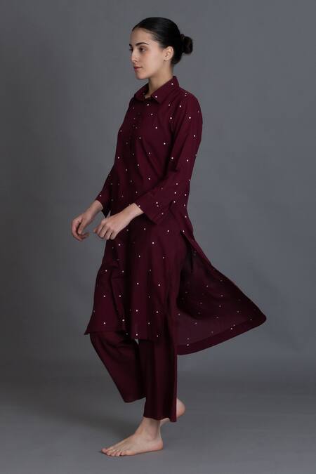 Buy_Khat_Wine Handloom Cotton Collared Burgundy Dot Print Kurta And Pant Set _Online_at_Aza_Fashions
