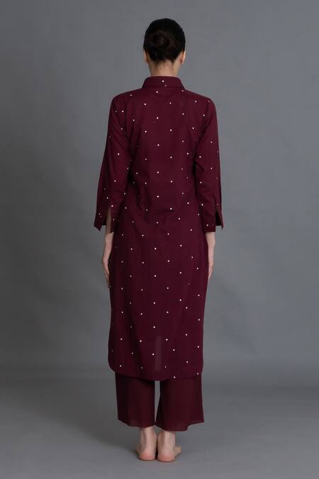 Shop_Khat_Wine Handloom Cotton Collared Burgundy Dot Print Kurta And Pant Set _Online_at_Aza_Fashions