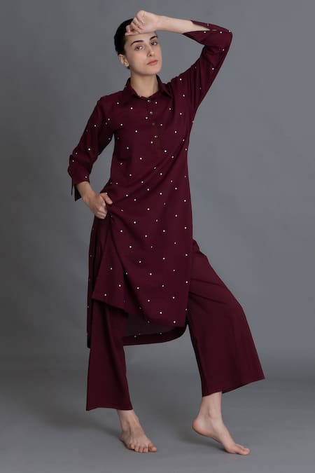 Khat Burgundy Dot Print Kurta & Pant Set 