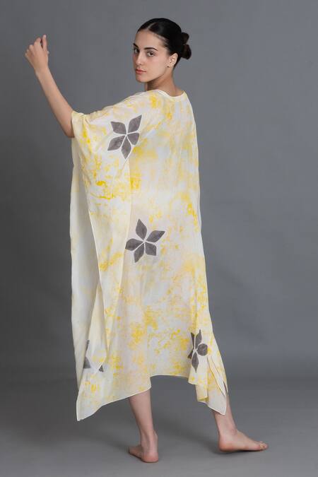 Buy_Khat_Yellow Crepe, Silk Round Neck Crezia Floral Print Kaftan _Online_at_Aza_Fashions