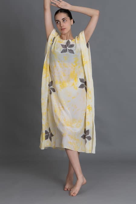 Shop_Khat_Yellow Crepe, Silk Round Neck Crezia Floral Print Kaftan _Online_at_Aza_Fashions