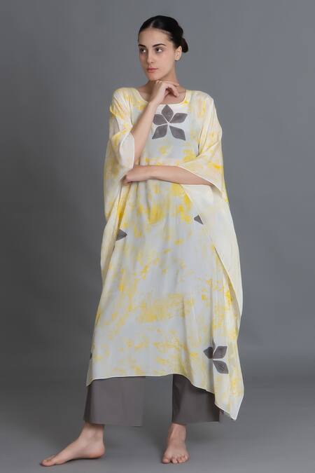 Buy_Khat_Yellow Crepe, Silk Round Neck Creziaflorqal Kaftan And Pant Set _Online_at_Aza_Fashions