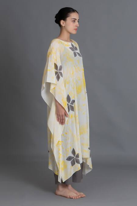 Shop_Khat_Yellow Crepe, Silk Round Neck Creziaflorqal Kaftan And Pant Set _Online_at_Aza_Fashions