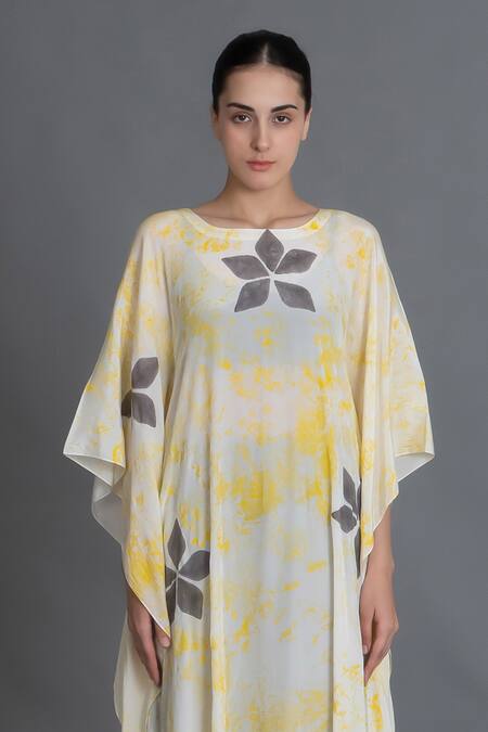 Khat_Yellow Crepe, Silk Round Neck Creziaflorqal Kaftan And Pant Set _at_Aza_Fashions