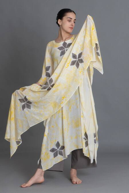 Shop_Khat_Yellow Crepe, Silk Round Neck Crezia Printed Kaftan Pant Set _Online_at_Aza_Fashions
