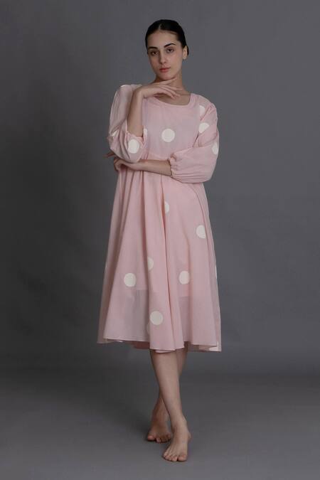 Khat_Pink Cotton Round Neck Pastel Polka Kurta _Online_at_Aza_Fashions