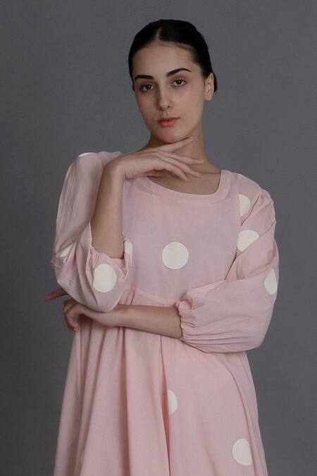 Buy_Khat_Pink Cotton Round Neck Pastel Polka Kurta _Online_at_Aza_Fashions