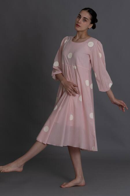 Khat_Pink Cotton Round Neck Pastel Polka Kurta _at_Aza_Fashions