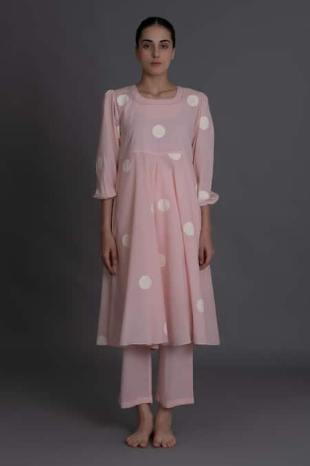 Buy_Khat_Pink Handloom Cotton Round Neck Pastel Polka Kurta And Pant Set _Online_at_Aza_Fashions