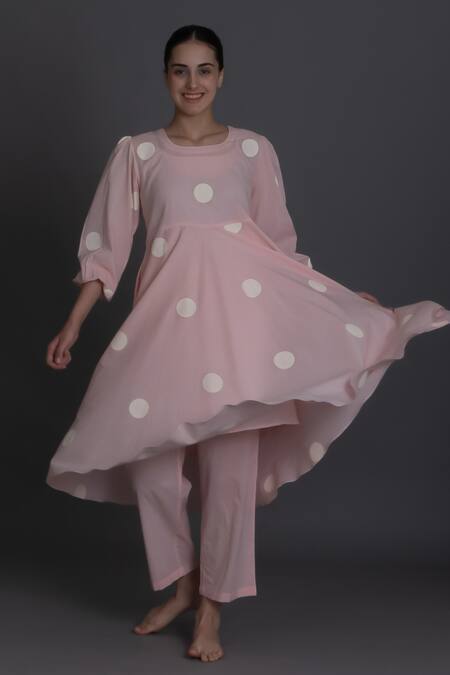 Khat_Pink Handloom Cotton Round Neck Pastel Polka Kurta And Pant Set _at_Aza_Fashions