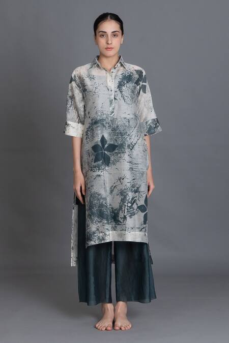 Khat_Mint Chanderi Silk Collared Texture Long Kurta And Pant Set _Online_at_Aza_Fashions