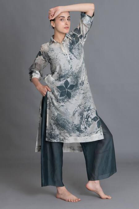 Shop_Khat_Mint Chanderi Silk Collared Texture Long Kurta And Pant Set _Online_at_Aza_Fashions