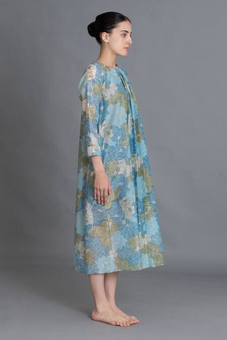 Khat_Blue Chanderi Silk Round Neck Ocean Floral Print Kurta _Online_at_Aza_Fashions