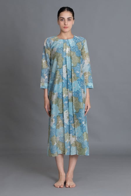Buy_Khat_Blue Chanderi Silk Round Neck Ocean Floral Print Kurta _Online_at_Aza_Fashions