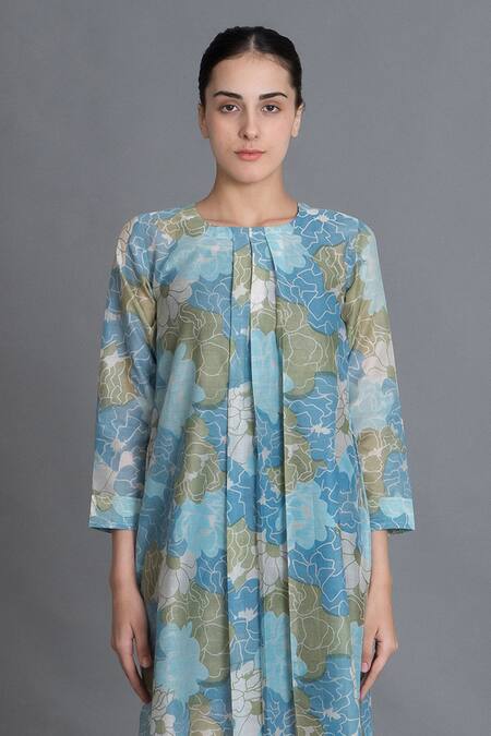 Shop_Khat_Blue Chanderi Silk Round Neck Ocean Floral Print Kurta _Online_at_Aza_Fashions