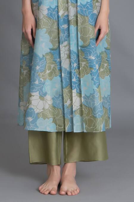 Khat_Blue Chanderi Silk Round Neck Ocean Floral Print Kurta And Pant Set _Online_at_Aza_Fashions