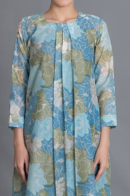Buy_Khat_Blue Chanderi Silk Round Neck Ocean Floral Print Kurta And Pant Set _Online_at_Aza_Fashions