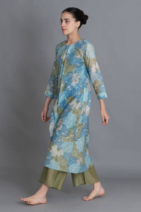 Shop_Khat_Blue Chanderi Silk Round Neck Ocean Floral Print Kurta And Pant Set _Online_at_Aza_Fashions
