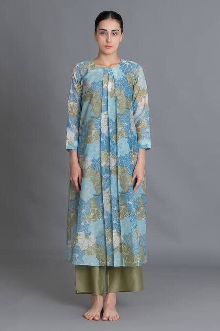 Khat_Blue Chanderi Silk Round Neck Ocean Floral Print Kurta And Pant Set _at_Aza_Fashions
