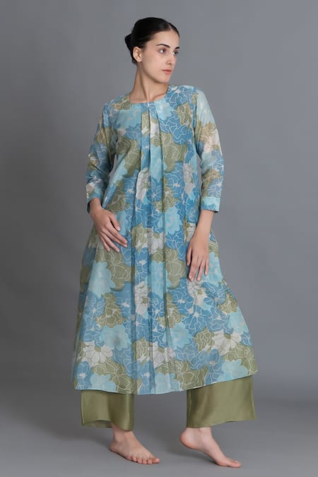 Khat Ocean Blue Floral Print Kurta & Pant Set 