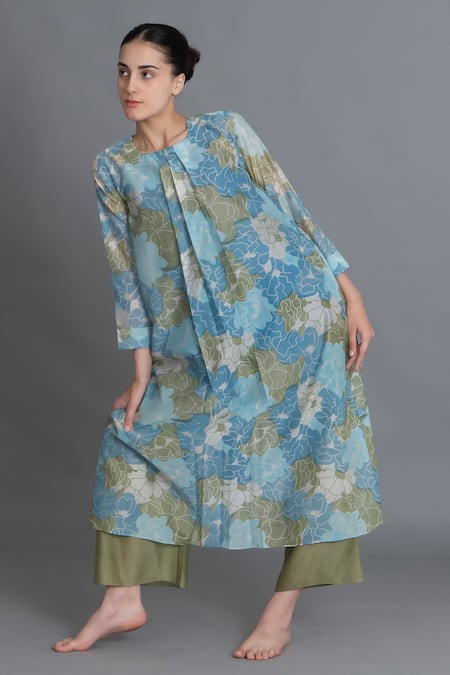 Buy_Khat_Blue Chanderi Silk Round Neck Ocean Floral Print Kurta And Pant Set 