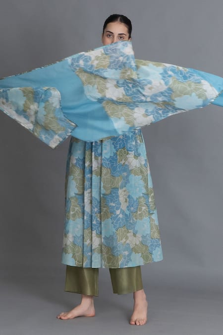 Shop_Khat_Blue Chanderi Silk Round , Keyhole Ocean Floral Print Kurta Set _Online_at_Aza_Fashions