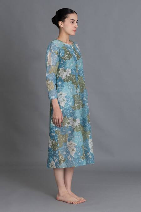 Khat_Blue Chanderi Silk Round Neck Ocean Floral Print Kurta _Online_at_Aza_Fashions