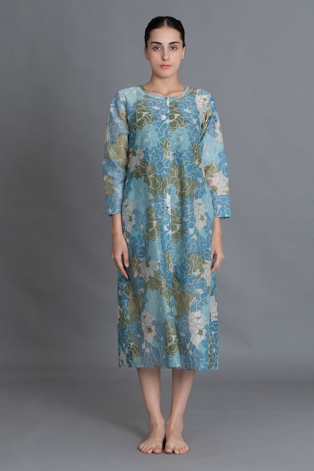 Buy_Khat_Blue Chanderi Silk Round Neck Ocean Floral Print Kurta _Online_at_Aza_Fashions