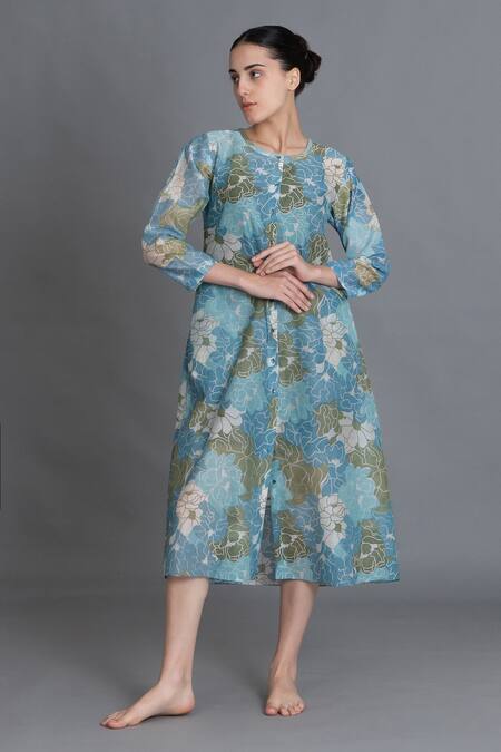 Shop_Khat_Blue Chanderi Silk Round Neck Ocean Floral Print Kurta _Online_at_Aza_Fashions