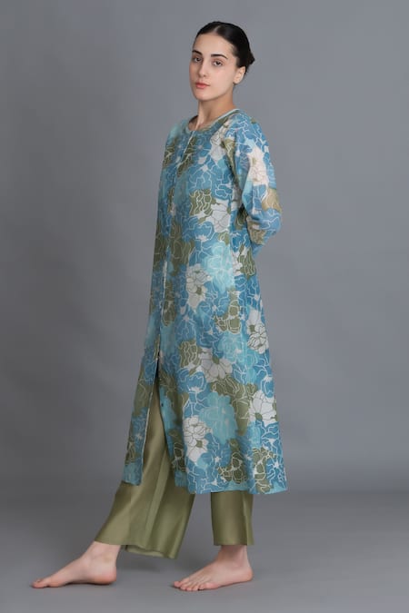 Khat_Blue Chanderi Silk Round Neck Ocean Floral Print Kurta And Pant Set _Online_at_Aza_Fashions