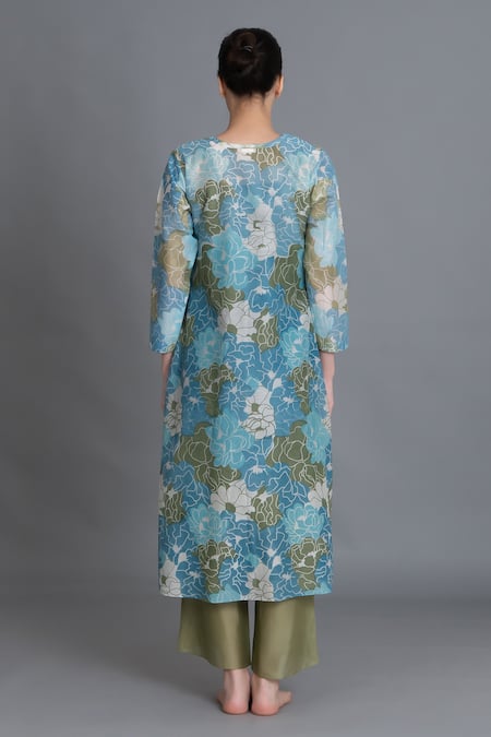 Khat Ocean Blue Floral Print Kurta & Pant Set 