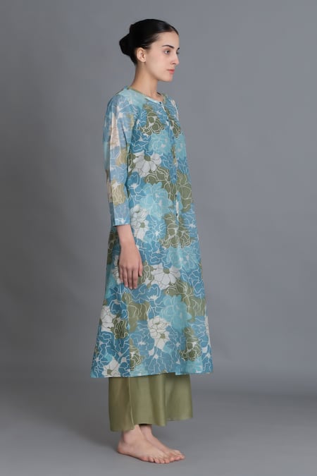 Buy_Khat_Blue Chanderi Silk Round Neck Ocean Floral Print Kurta And Pant Set _Online_at_Aza_Fashions