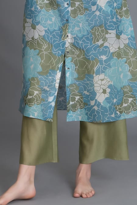 Shop_Khat_Blue Chanderi Silk Round Neck Ocean Floral Print Kurta And Pant Set _Online_at_Aza_Fashions