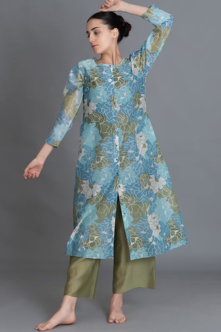 Khat Ocean Blue Floral Print Kurta & Pant Set 