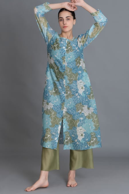 Khat_Blue Chanderi Silk Round Neck Ocean Floral Print Kurta And Pant Set _at_Aza_Fashions