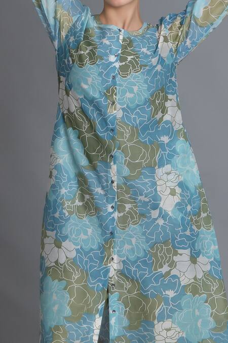 Buy_Khat_Blue Chanderi Silk Round Neck Ocean Floral Print Kurta And Pant Set 