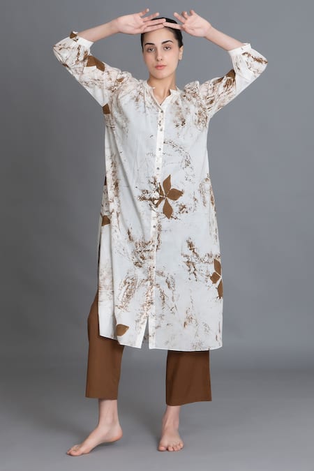 Buy_Khat_Off White Handloom Cotton Mandarin Collar Earthy Brown Print Kurta And Pant Set 