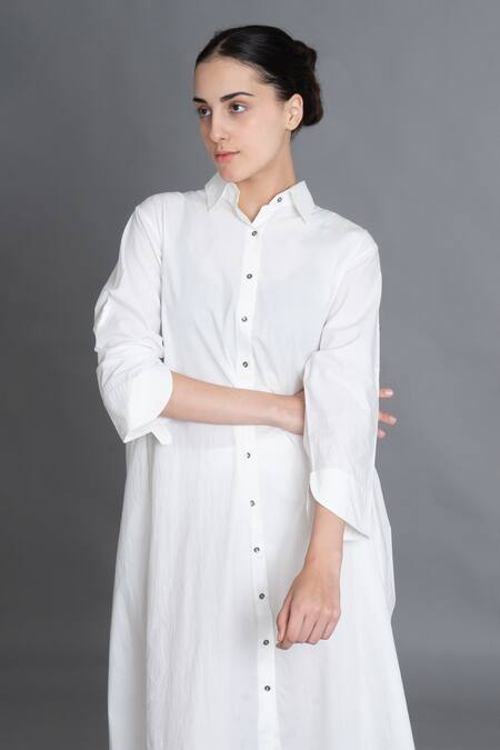 Khat_White Poplin Collared Bright Pleated Shirt Dress _Online_at_Aza_Fashions