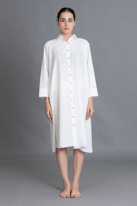 Buy_Khat_White Poplin Collared Bright Pleated Shirt Dress _Online_at_Aza_Fashions