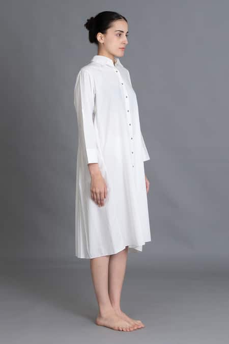 Shop_Khat_White Poplin Collared Bright Pleated Shirt Dress _Online_at_Aza_Fashions