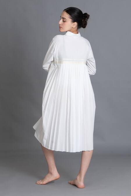 Khat_White Poplin Collared Bright Pleated Shirt Dress _at_Aza_Fashions