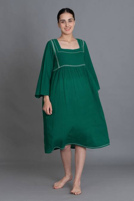 Khat_Green Handloom Cotton Embroidery Square Neck Dress _Online_at_Aza_Fashions